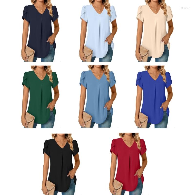 

Women's Blouses Solid Color T-shirt V-neck Short Sleeves Front Back Pleated Pullover Tops Woman Drop, For peacock blue