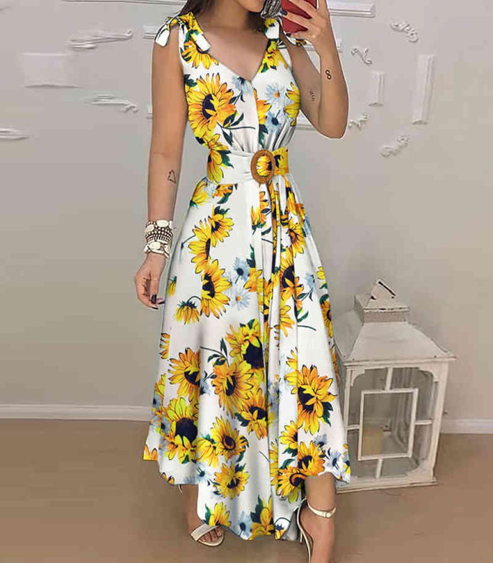 

Spring and Summer Boho Dress Fashion Women039s Sunflowers Print Long Dress Casual Wild Sleeveless Holiday Beach Dress 2105218515737, White