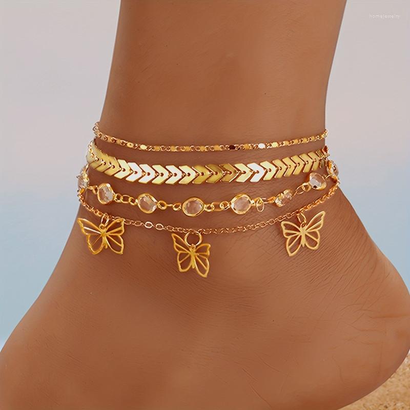 

Anklets 1 Set Vintage Gold Color Crystal Multi-layer Anklet For Women Fashion Butterfly Beads Beach Jewelry Gift
