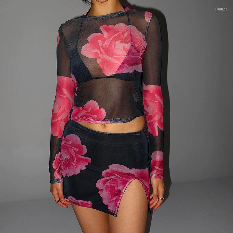 

Work Dresses Europe And America Women' 2023 Summer Mesh Print Long Sleeve Top Half Skirt Spicy Girl Set, Black