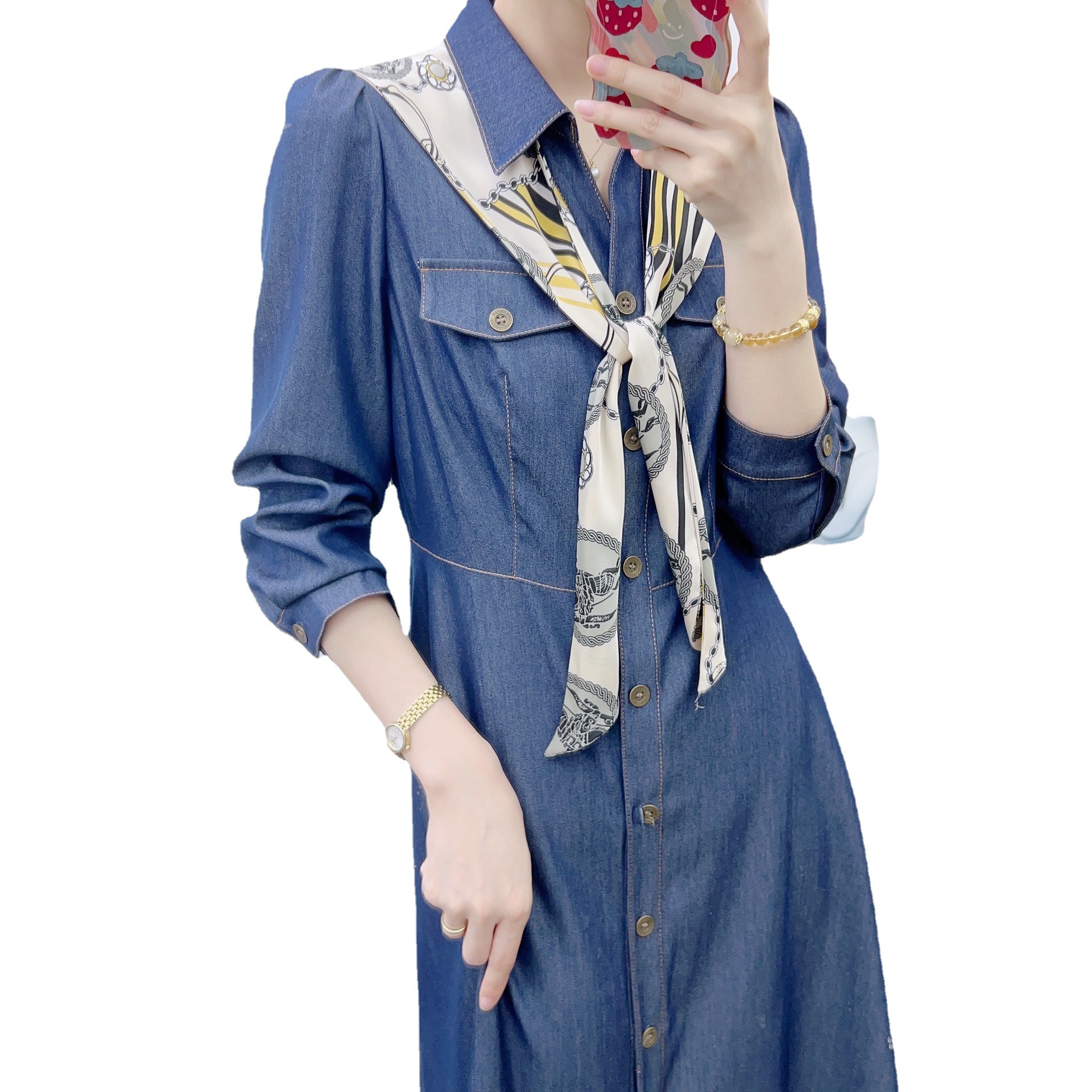 

Spring and summer of 2023 Brand counters New Hanyai fashion temperament shawl rollover collar buckle denim dress, Blue