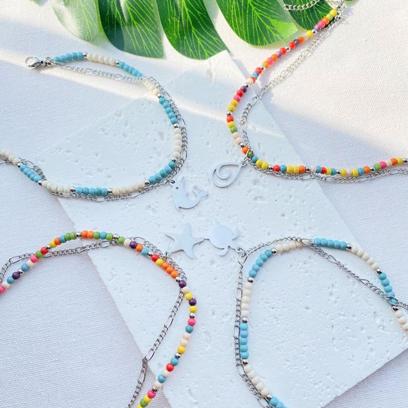 

Anklets 304 Stainless Steel Boho Bohemia Link Cable Chain Anklet Silver Color Multilayer For Women Summer Beach Foot Show 22cm Long 1PC