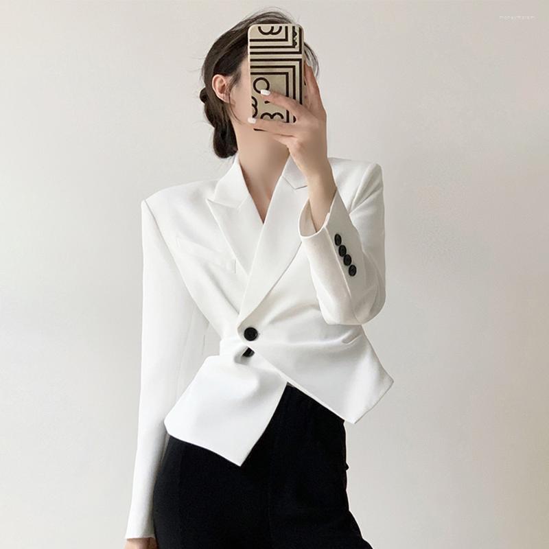 

Women' Suits White Blazers For Women Lapel Collar Long Sleeve Short Length Summer Asymmetrical Jacket Female Fashion Slim Style Clothing