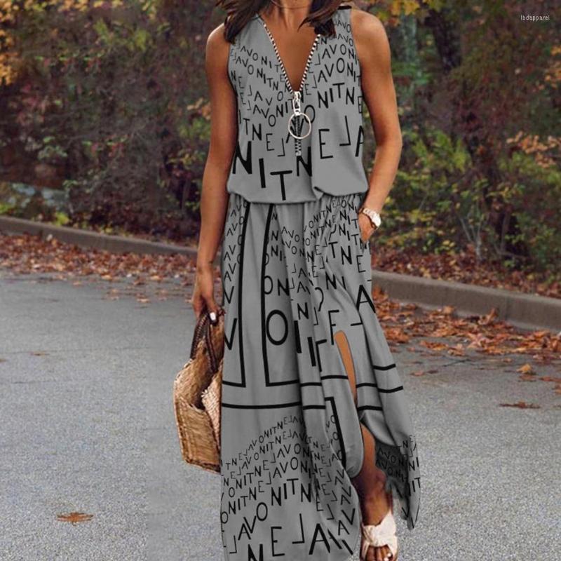 

Casual Dresses Women Dress Loose Zipper Neckline Summer Elegant Sleeveless Split Long Dress-up Party For, Black