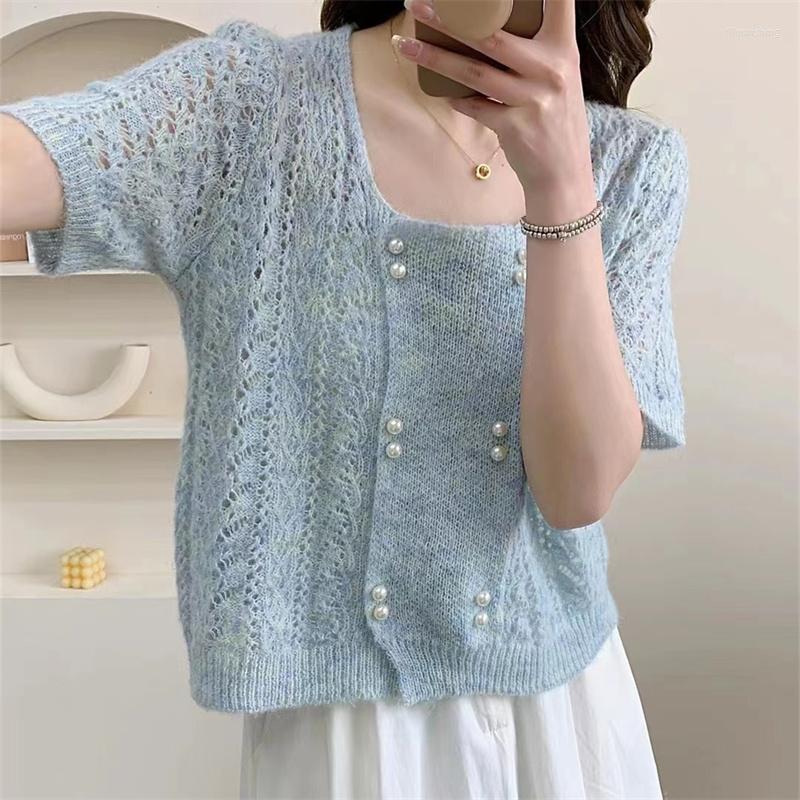 

Women's T Shirts Vintage Square Collar Knitted Sweater Thin Women 2023 Summer Elegant Solid Color Pearl Button Cardigan T-Shirts Tops P542, Blue
