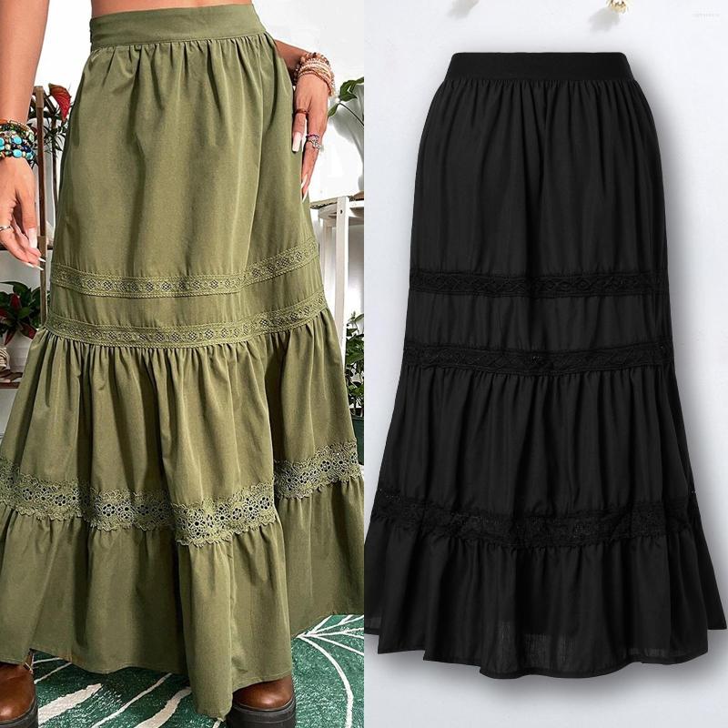 

Skirts Ladies Long Skirt A Shape Women Lace Trim Loose Fit Pleated Boho Style High Waist Vintage Daily Outfit, Black