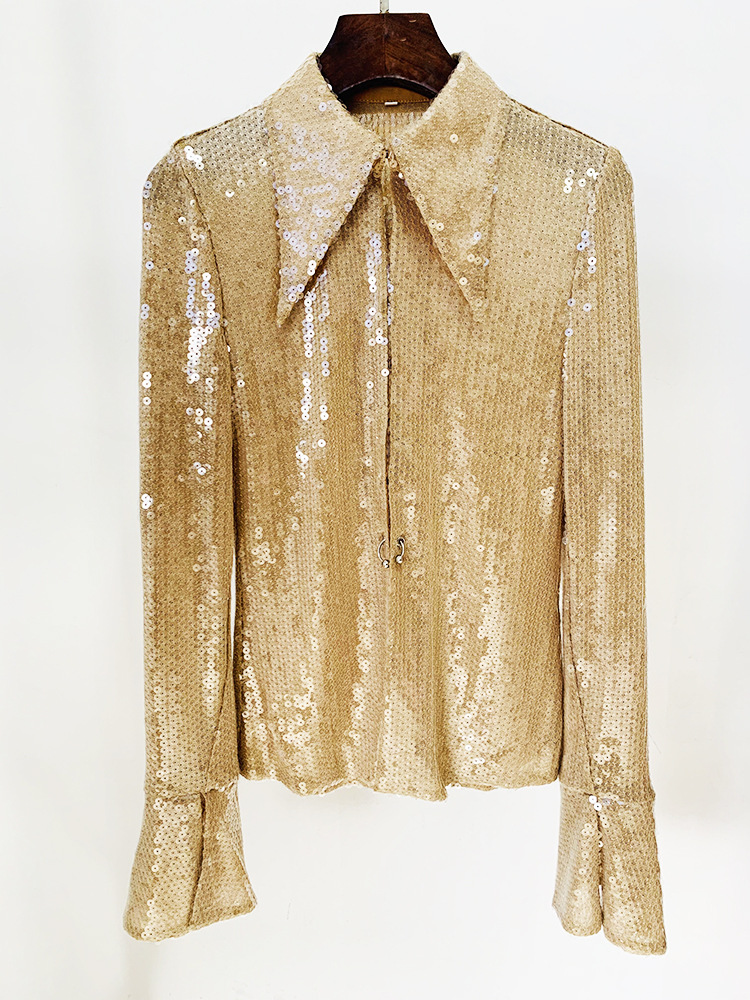 

603 XL 2023 MILan Runway Brand SAme Style Sequins Long Sleeve Lapel Neck Women' Blouses oulaid, Customize