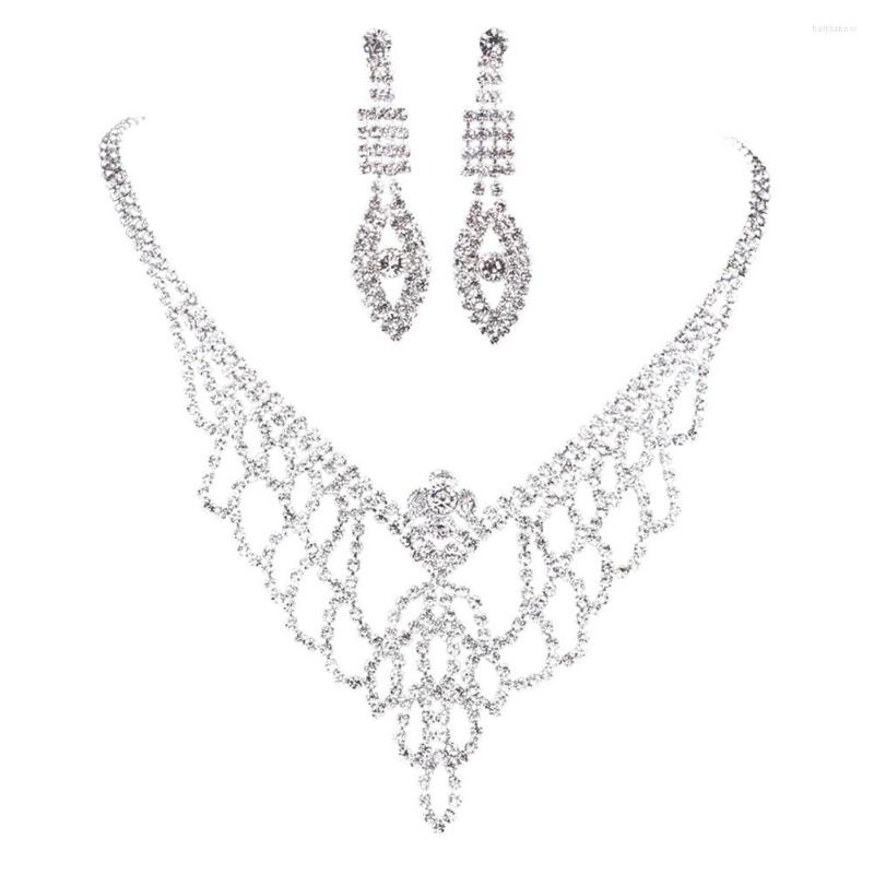 

Necklace Earrings Set Women Earring Rhinestone Water Drop Shape Jewelry Suit For Brides, Picture shown