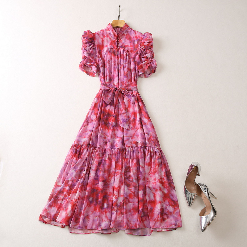 

European and American women' clothes 2023 summer new Stand collar Printed belt short sleeves puff sleeves fashion Pleated Dress, Red