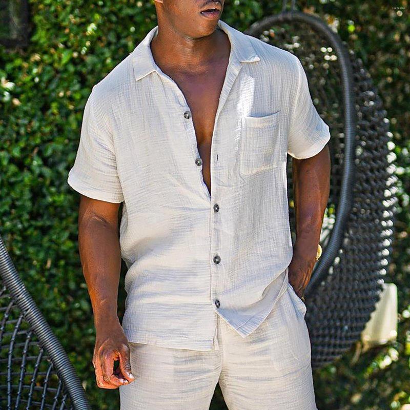 

Men's Tracksuits Summer Men Hawaiian Shirts Sets Casual Solid Color Short Sleeve Shirt Soft Beach Shorts Fashion Mens 2 Piece Suits Ropa, White
