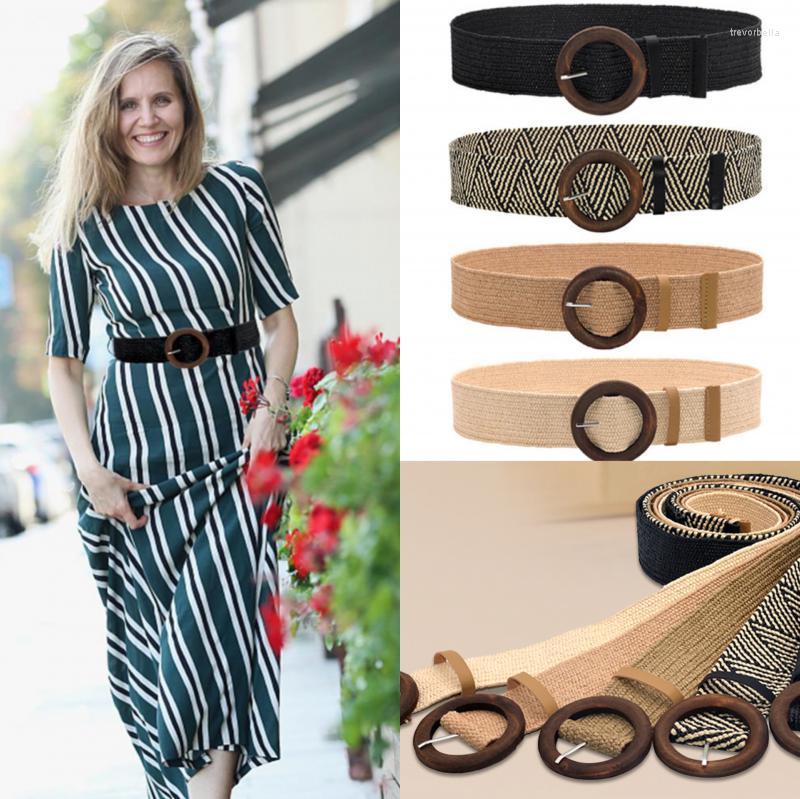 

Belts Wide Waist Elastic Belt For Women Wooden Buckle Solid Knitted All Match Skirt Summer Casual Clothing Accessories, A05