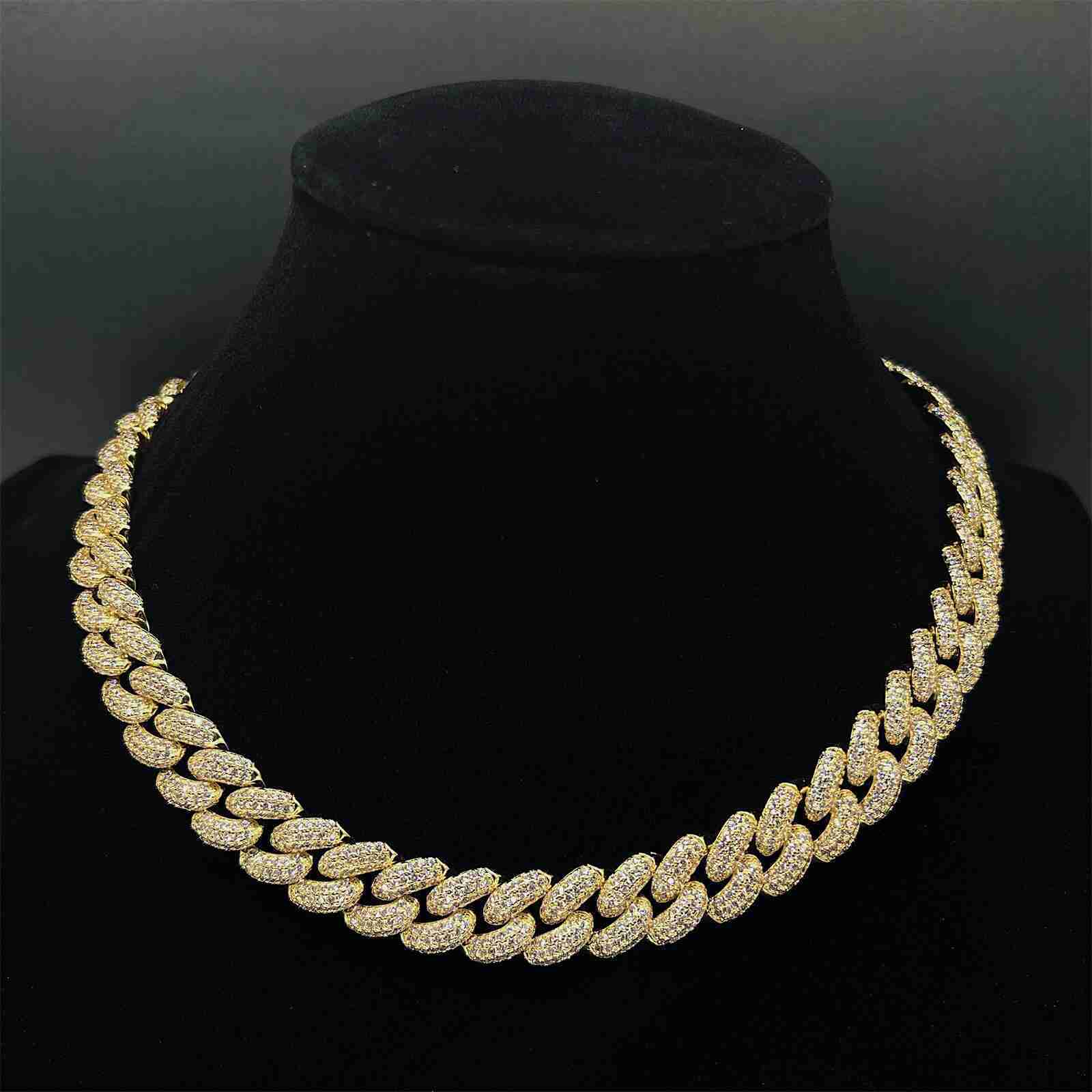 

18k Gold Over Silver Iced Out Chain Necklace Men Hip Hop Cuban Link Necklace