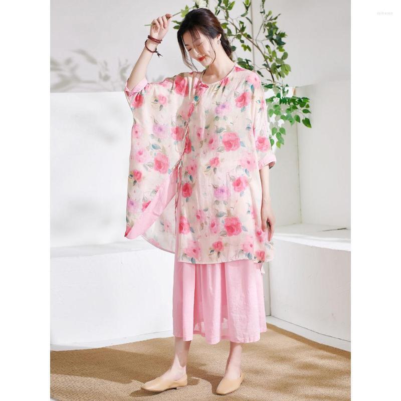 

Ethnic Clothing Summer Vintage Printed Tang Costume With Round Neck For Women Loose Pink Top Chinese Style Buckle & Nine Point Sleeve