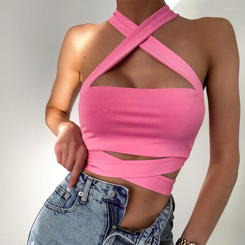 

Women' Tanks SEASONS Lace Up Halter Women Solid Cross Crop Top Skinny Sexy Streetwear Party Club Festival 2023 Summer Clothes ASVE84489, Pink