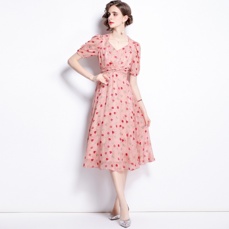 

Floral Chiffon Dress - Women' Basic & Casual Dresses, Square Neck, Short Puff Sleeves, Bubble Hem - Pink, Sizes -XL