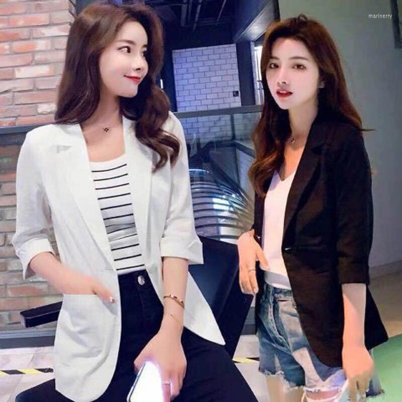 

Women's Suits Cotton Linen Blazer Jacket Women Summer Outwear High Quality Single Button Notched Three Quarter Sleeve Top Q300, Black