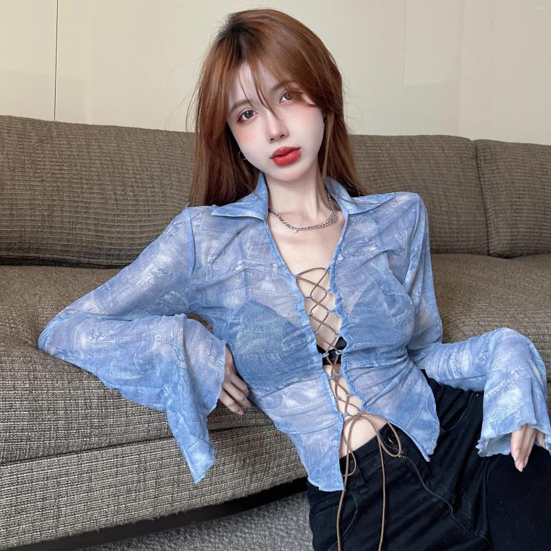 

Women's Blouses GkyocQ 2023 Summer Women Thin Blouse Loose Mesh Tops Solid Lace Up Long Sleeve American Retro Y2k Sexy Girls Female Clothing, Blue