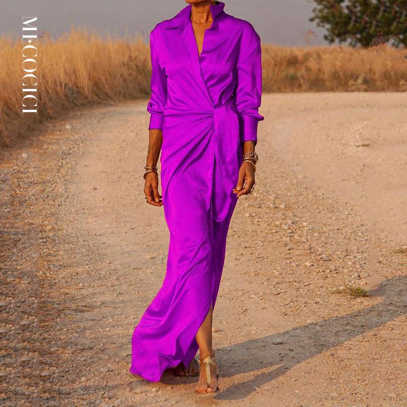 

Dresses Mecocici Women Dress Casual Elegant Solid Lapel V Neck Long Sleeve Tie Up Pleated Slit Satin Dresses High Streetwear, Purple