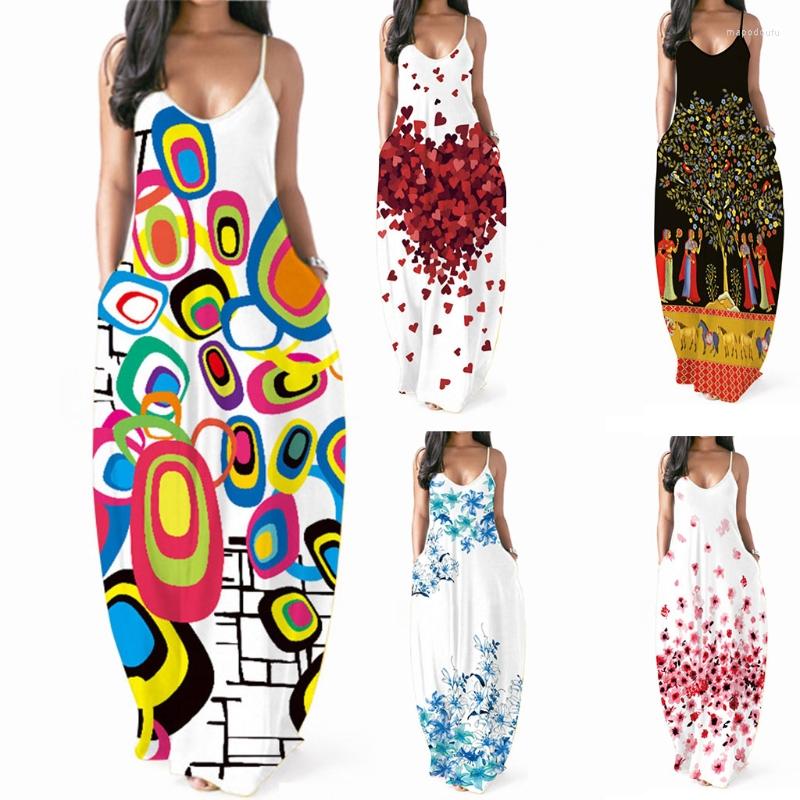 

Casual Dresses Women Spaghetti Strap Sexy V-Neck Maxi Long Dress Boho Floral Pockets Sundress 10CD, Red