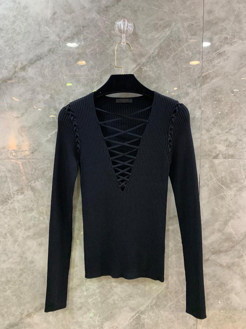 

Women' T Shirts Lace-up Type Elastic Knitted Top Black And White