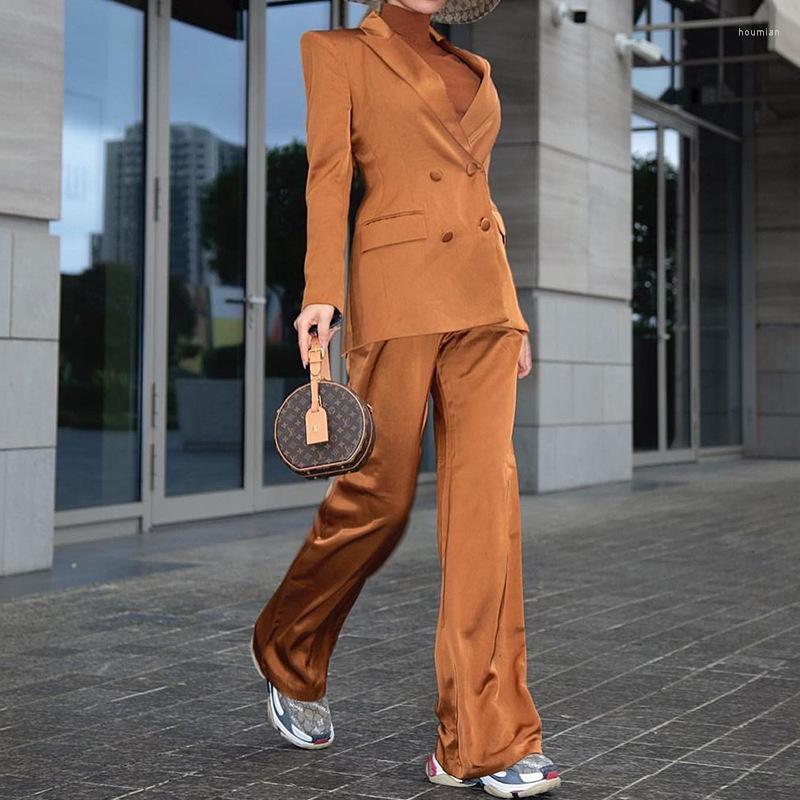 

Women' Two Piece Pants Woman Elegant Double Breasted Satin Blazer Suits Autumn Female Solid Basic Matching Set Ladies Wide Lge Suit, Black