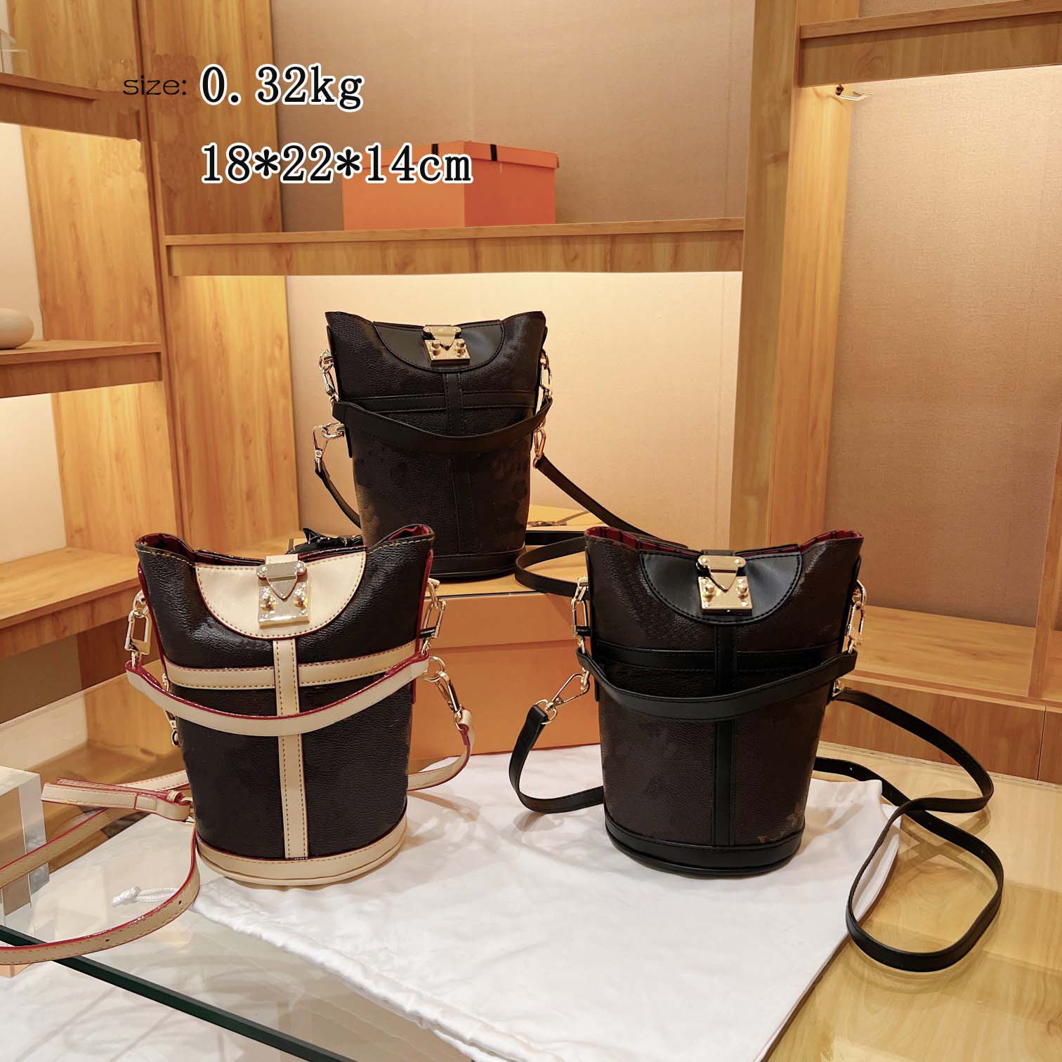 

Designer luxury messenger bag New fashion print mini bucket bag shoulder slung French fries bag, Brown flower