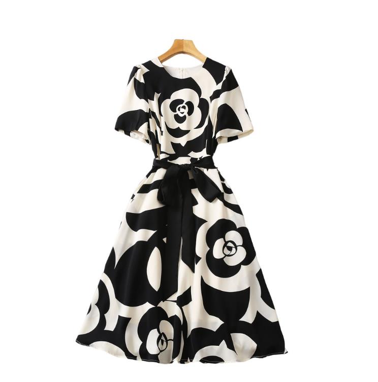 

509 XXL 2023 Spring Flora Print Dress Crew Neck Short Sleeve Black Dress Panelld DRess Luxury Fashion Prom Womens Clothes SH