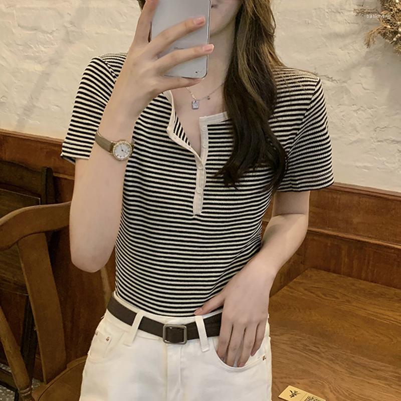 

Women' T Shirts Shirt For Women 2023 Summer Striped Short Sleeve Tshirt Cotton Womens Tops Korean Style Clothing Slim Tees Camisetas, Black