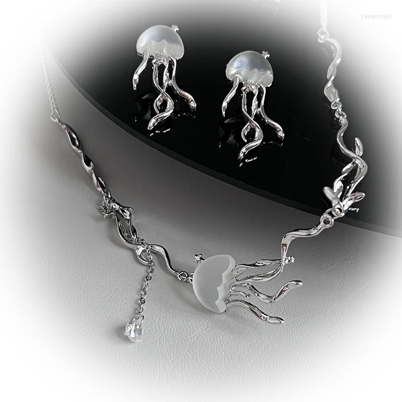 

Necklace Earrings Set Fashion Design Floating Jellyfish Matte Crystal Earring Creativity Personality Female Acaleph Jewelry Party Gift, Picture shown