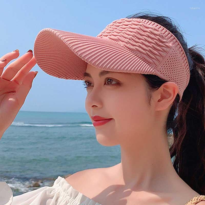 

Wide Brim Hats Fashion Women Empty Top Hat Folds Design Summer Solid Color Large Sunscreen Outdoor Elastic Fabric Sports Sun Cap, Black