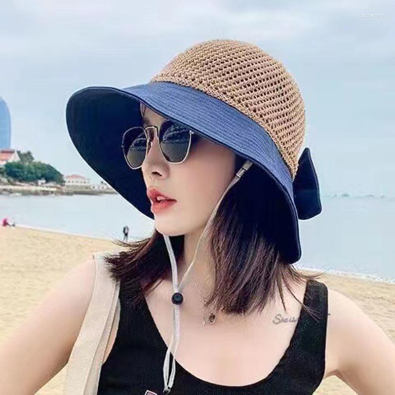 

Wide Brim Hats Women's Sun Hat Bucket Spring And Autumn Breathable Hollow Stitching Foldable Outdoor Beach Bow, Beige