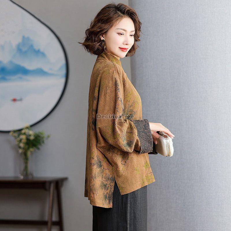 

Ethnic Clothing 2023 Women Chinese Tang Suit Blouse Long Sleeve Stand Collar Flower Printed Style Spring Loose Casual Daily Top S124