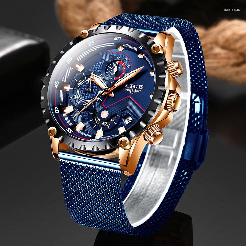 

Wristwatches LIGE Blue Casual Mesh Belt Fashion Quartz Gold Watch Mens Watches Top Waterproof Clock Relogio Masculino, Rose gold blue