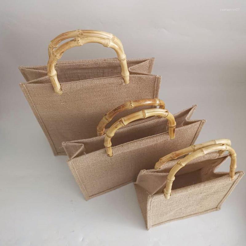 

Shopping Bags Portable Burlap Jute Bag Handbag Bamboo Loop Handles Tote Retro DIY Women Beach For Girls