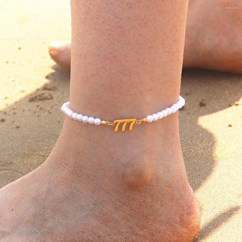

Anklets Angel Number Pearl Bracelet For Women Summer Accessories Stainless Steel Leg Chain Beach Foot Jewelry Tobilleras Mujer