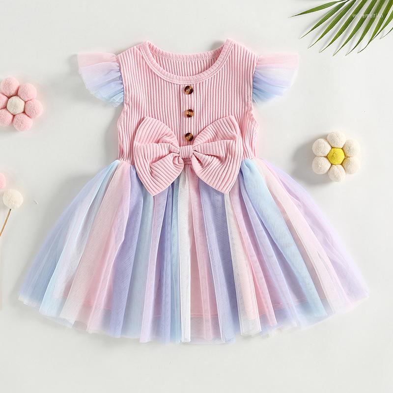 

Girl Dresses Born Kids Girls Rainbow Mesh Dress Summer Bowknot Flying Sleeves Princess A-line For Toddler Beach Party Wear, Picture shown