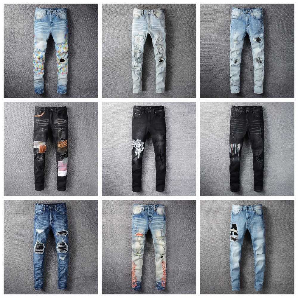 

Mens Designer Jean Man Distressed Ripped Skinny Cowboy Pant Jeans Rock Revival Trousers Straight Slim Elastic Denim Fit Moto Biker Pants Trendy Streetwear