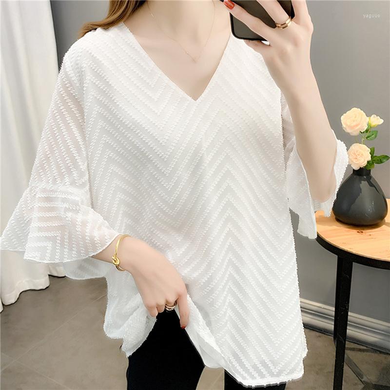 

Women's Blouses Blusas Mujer De Moda 2023 Verano Women Tops V-Neck White Chiffon Blouse Shirt Short Sleeve Femme Top