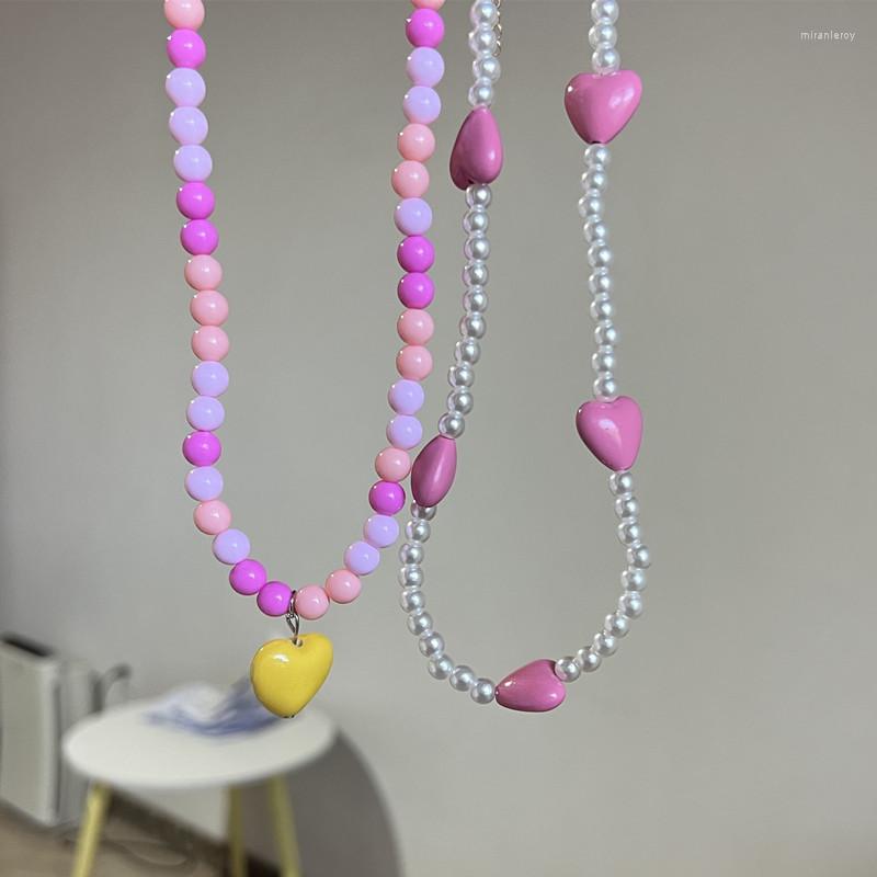 

Choker Korean Love Heart Pearl Necklace Summer Sweet Pink Black White Beads Collarbone Chain For Women Jewelry Gifts