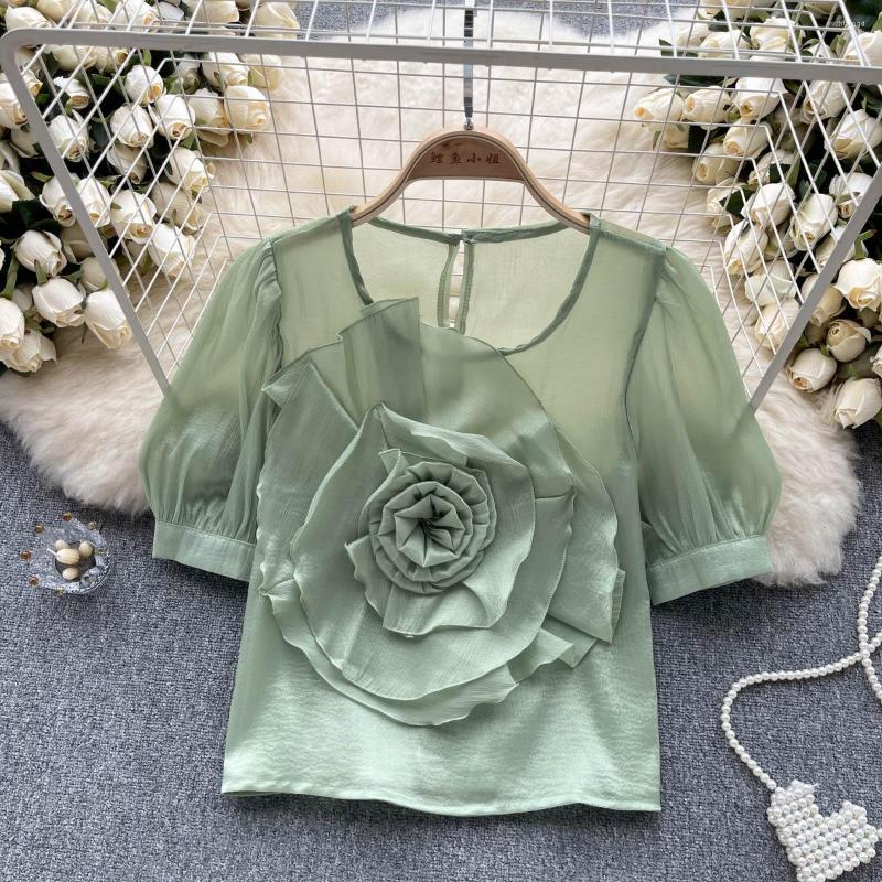 

Women's Blouses For Women Fashion 2023 Chiffon 3D Flower Blouse Womens Short Sleeve Casual Blusas Femininas French Style Summer Dropship, Green