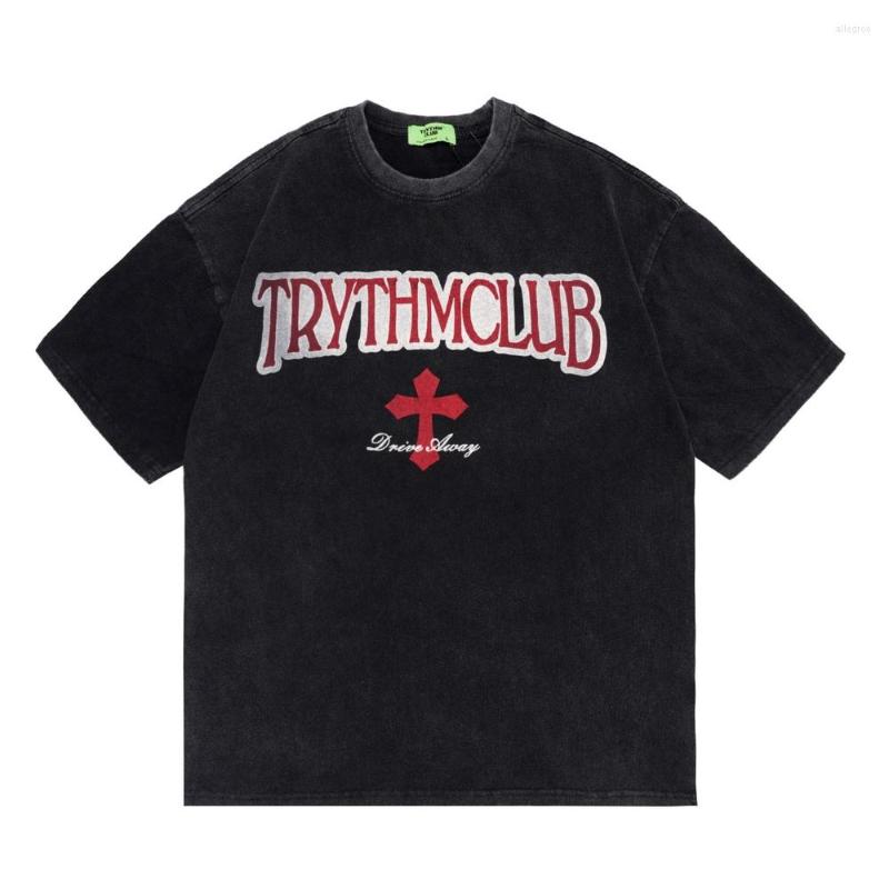 

Men's T Shirts Letter Print Short Sleeve T-shirt Men's Gothic Washed Retro Distressed Double-sided Printing Loose Streetwear Cotton Tops, Black