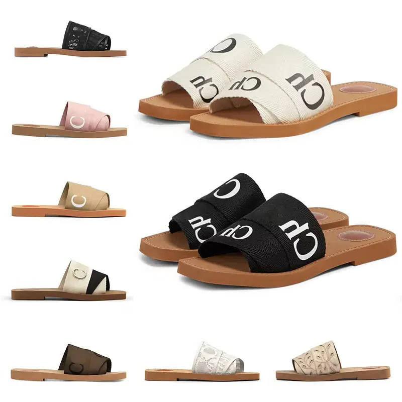 

2023designer Woody sandals womens Mules flat slides Light tan beige white black pink lace Lettering Fabric canvas slippers for women summer outdoor shoes 35-42, Irem#22