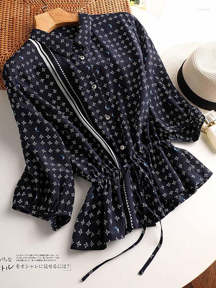 

Women's Blouses Fashion Printed Commuter Shirt Women 2023 Summer Loose Polo Collar Tunic And Blouse Office Intellectual, Dark blue