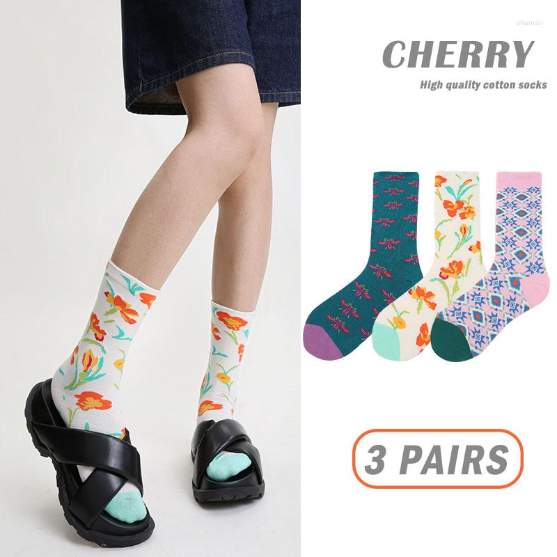 

Women Socks 3 Pairs Of Retro Jacquard Japan And South Korea Harajuku Breathable Leisure Sports, Style-4