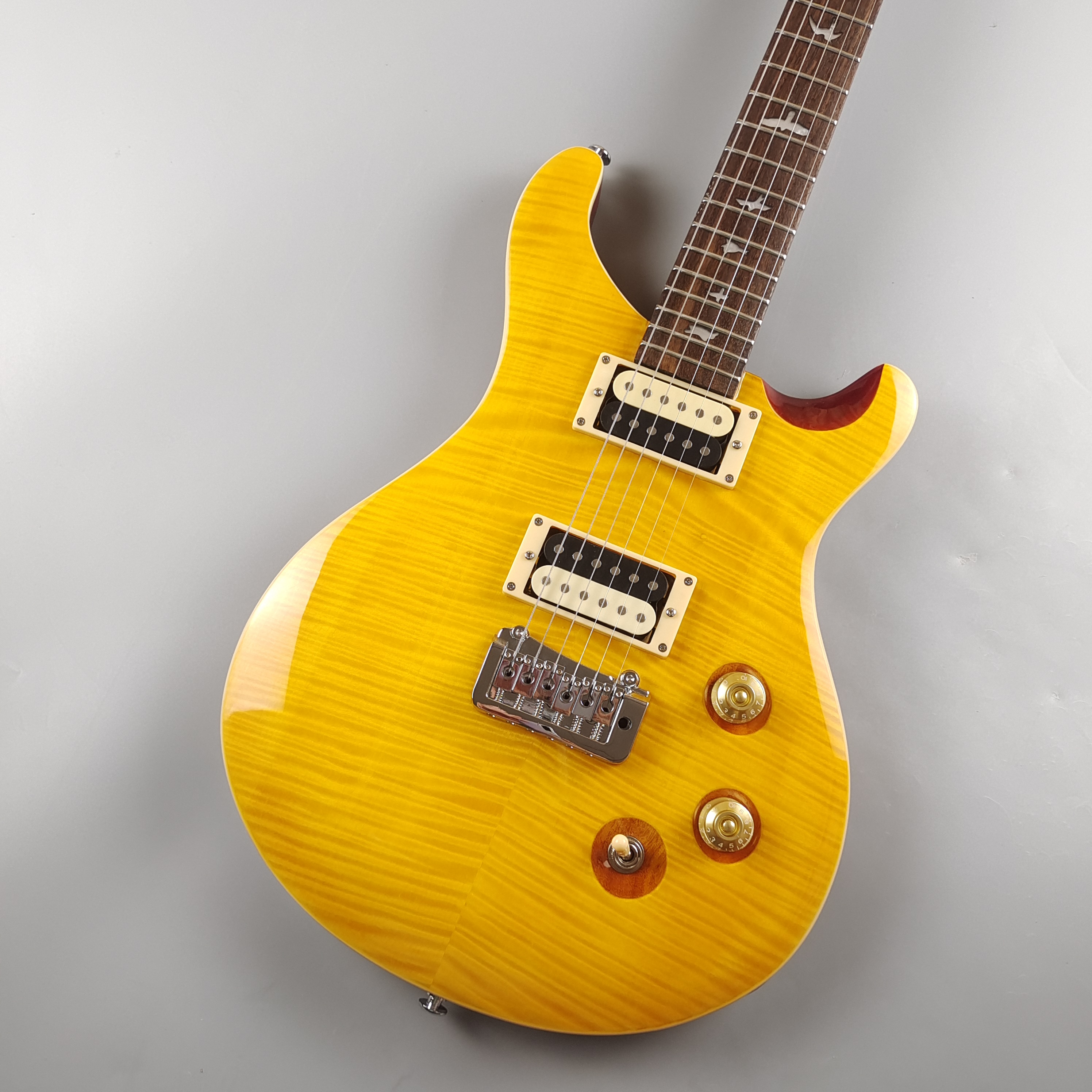 

PRS electric guitar, yellow tiger pattern, white pearl bird inlay, silver accessories, trill, quick package