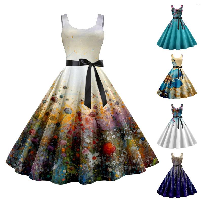 

Casual Dresses Vintage Cocktail For Women Sleeveless Knee Length Retro A Line Flared Swing Wrap With Sleeves, Blue