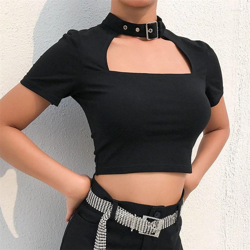 

Women's T Shirts Buckle Halterneck Sexy Womens Shirt Harajuku Long Sleeve Crop Top Streetwear Basic Tshirt Women Tight Tees Y2k, Black
