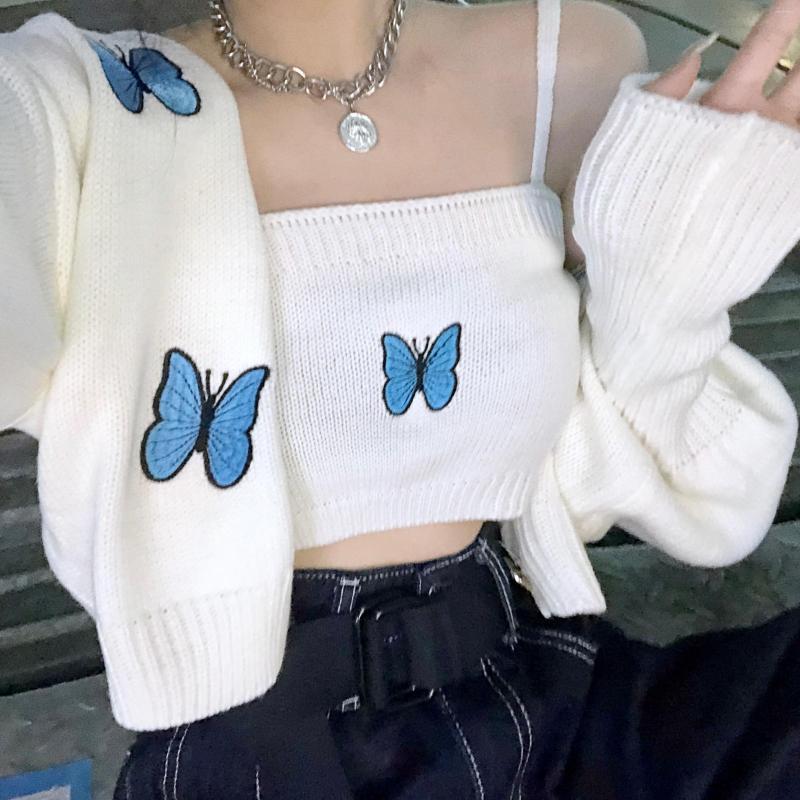 

Women's Knits Women Cardigan Embroidery Cropped Sweaters Two-piece Sets Korean Y2K Sweater Knit Suit Fashion Harajuku Kimono Cardigans, Black 2 pieces