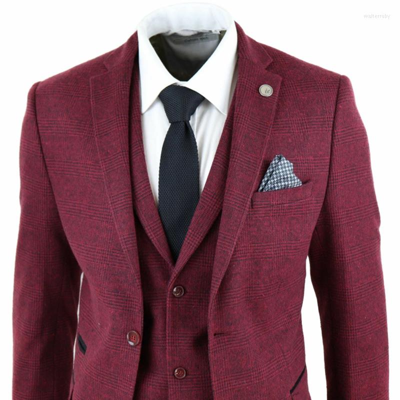

Men's Suits Costume Homme Wine Maroon 3 Piece Mens Latest Design Herringbone Tweed Vintage Tailored Fit Suit Blazer Jacket Pant Vest, Custom made