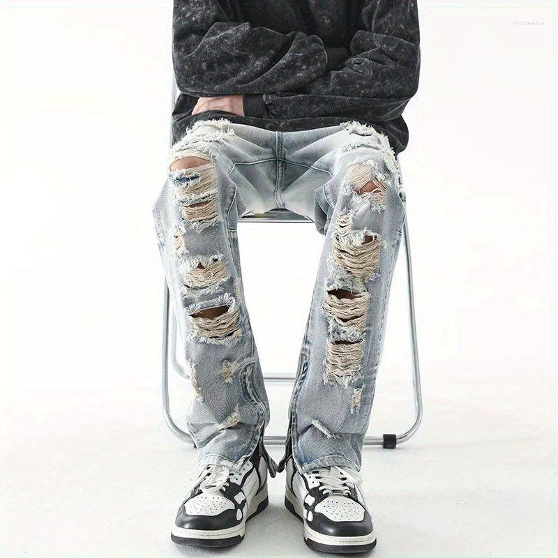 

Men' Jeans Foufurieux Hip Hop Destroyed Washed Torn Retro Distressed Bottom Ripped Slim Mens Streetwear Pleated Pants Denim MEN, Blue